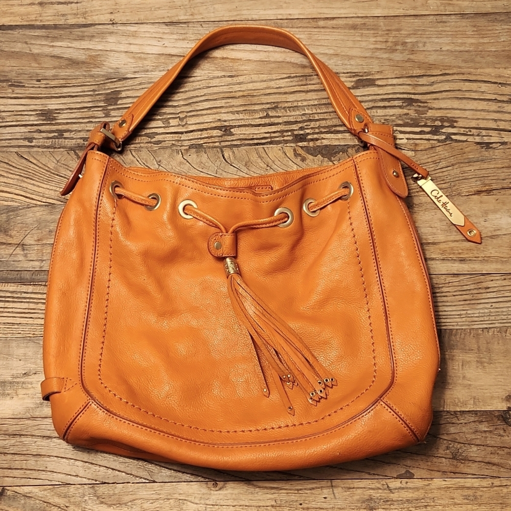Cole Haan Leather Drawstring Saddle Hobo Purse